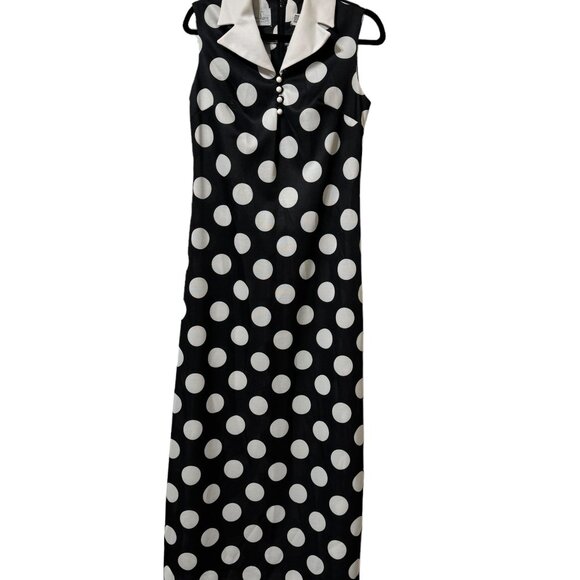 1960s Jean Lang Black & White Polka Dot Sleeveless Maxi Dress with Collar VTG - Picture 6 of 7